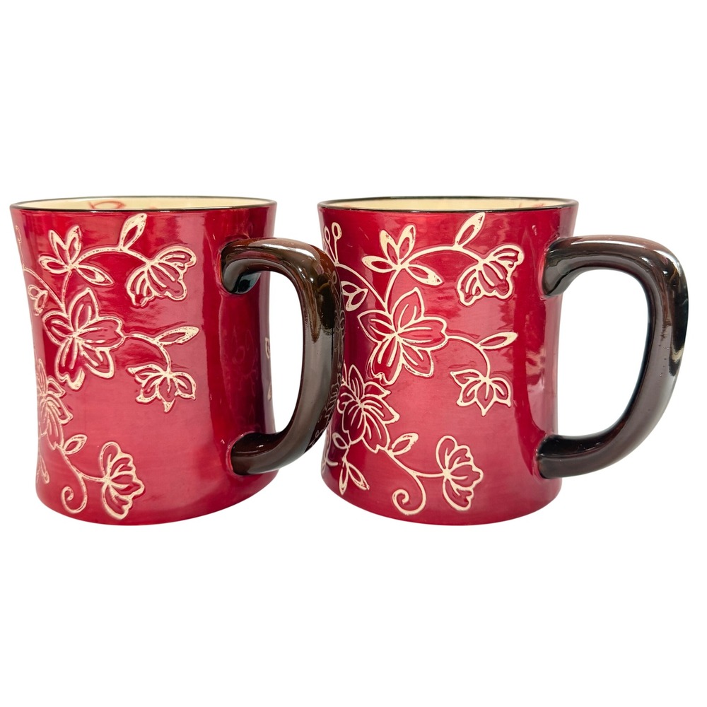 Temp-tations Tara Floral Lace Cranberry Red 16oz Coffee Mugs Set of 2 Stoneware